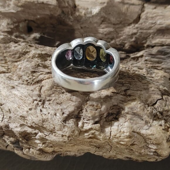 Vintage Marcasite Sterling Silver 925 Ring Prong Multi Colored Gemstones Stamped - Picture 5 of 11